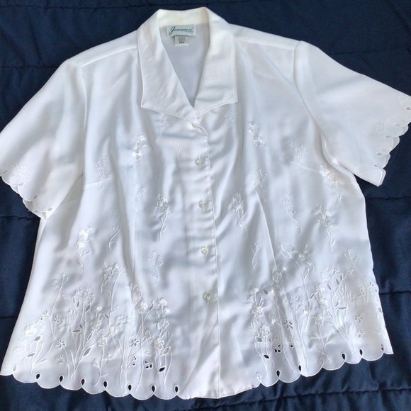 Joanna Tops - Joanna - Sheer white blouse with embroidered flowers & eyelet trim